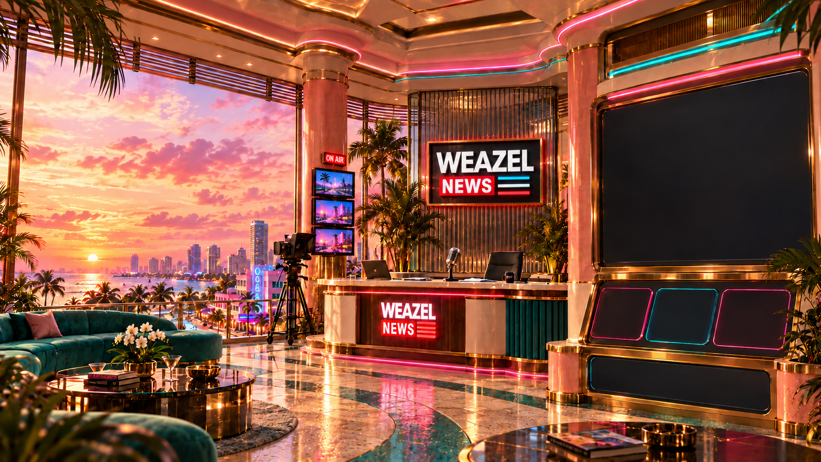 Weazel News Art Deco broadcast studio overlooking Vice City at sunset